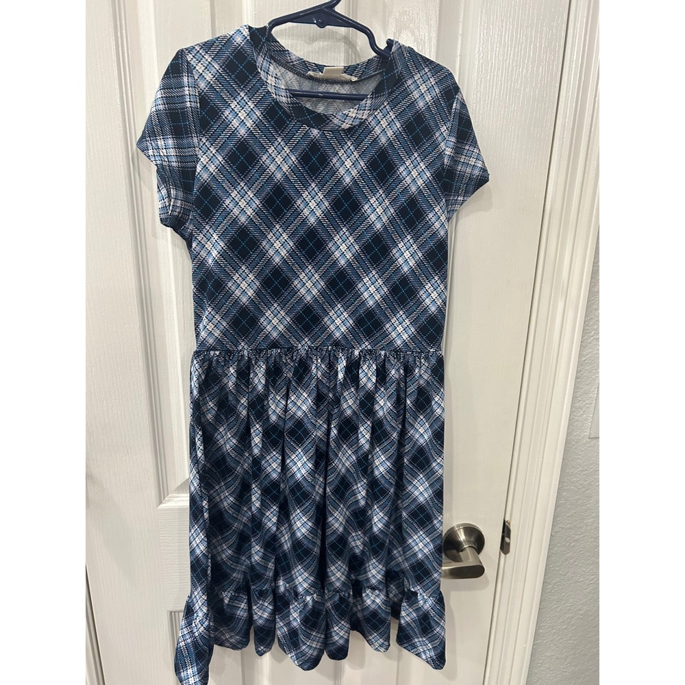 Knit Works Plaid Dress Blue Short Sleeve Ruffle Hem Girls‎ Size M 10-12 School